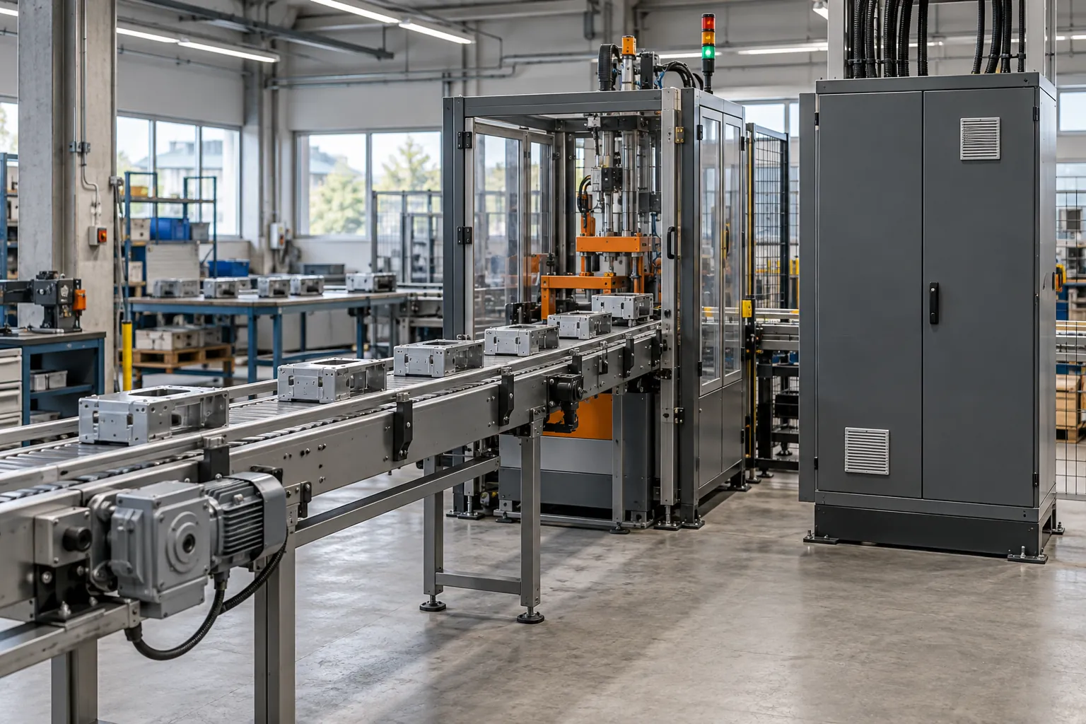 Illustration of a factory production line with industrial equipment and control cabinets.