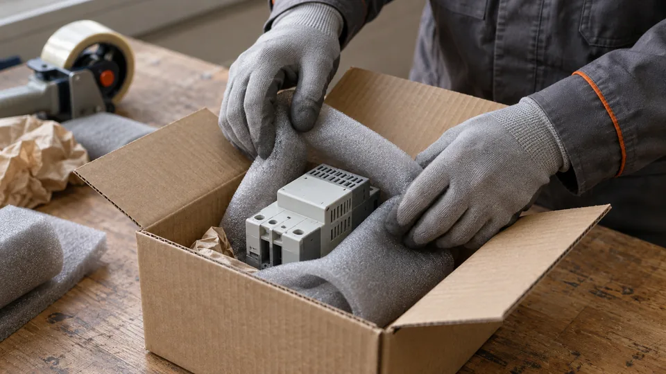 Illustration of protective cushioning around an electrical component inside a shipping carton